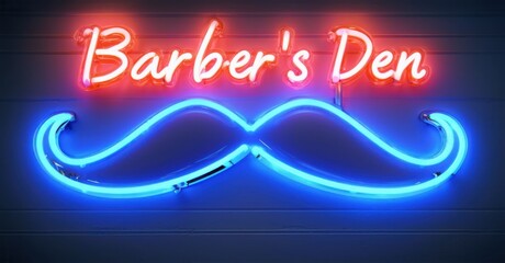 Neon sign barber s den glowing mustache classic straight razor sleek deep blue reflections bright colorful realistic photo
