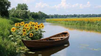 Obraz premium Tranquil Summer Day: Sunflowers, Rowboat, and a Serene Canal