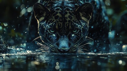 Close-up of a jaguar's intense gaze, water droplets surrounding it. Perfect for wildlife, nature, or danger themed projects needing a powerful image.