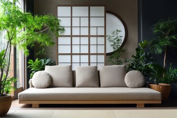 A sophisticated, Zen-inspired living room featuring a neutral-toned sofa, a tokonoma alcove, and indoor plants for balance.