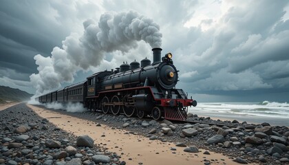 Fototapeta premium Steam train journey along rocky beach coastal landscape digital art dramatic sky