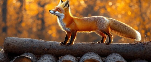Obraz premium Orange Fox On Logs During Autumn