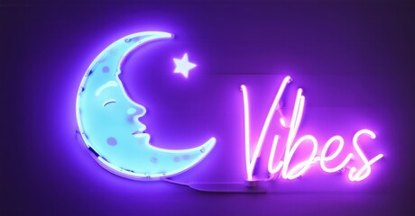 Neon sign late night vibes glowing moon city skyline reflections soft ambient purple blue hues bright colorful realistic photo