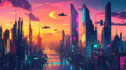 Fototapeta premium Futuristic Cityscape at Sunset: Neon Lights and Flying Vehicles