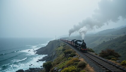 Fototapeta premium Aerial steam train journey along foggy coastal cliffs