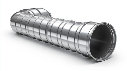 Shiny, flexible metal pipe isolated on white. Ideal for industrial, engineering, or HVAC design projects.
