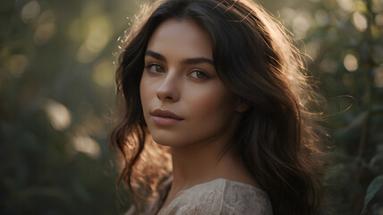 Naklejka premium a beautiful woman portrait in a magical forest with sunlight. She is looking directly at the viewer with a calm expression and long brown wavy hair