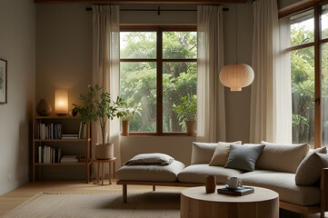 Minimalist Muji-Style Living Room interior design with Soft Lighting