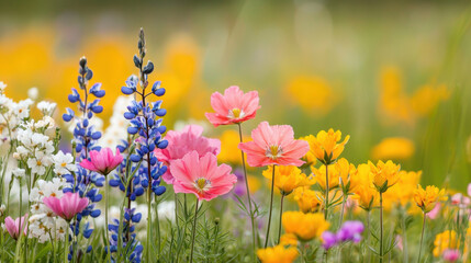 Fototapeta premium Vibrant wildflowers blooming in a colorful field.