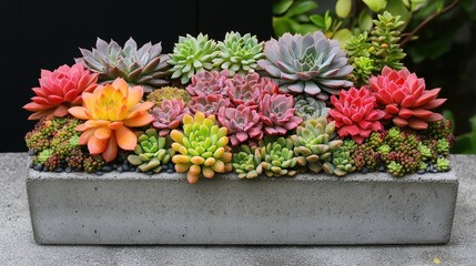 Fototapeta premium Colorful succulent arrangement in concrete trough, garden background, home decor
