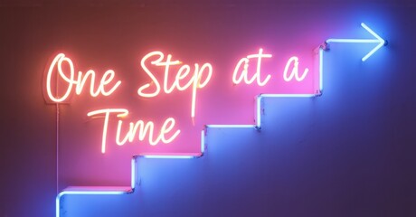 Neon sign one step time staircase silhouette glowing light effects subtle guiding arrows bright colorful realistic photo