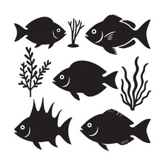 set of algae fish black silhouette isolated vector white background