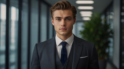 Fototapeta premium a confident businessman wearing a suit standing in the hallway. The man has a strong gaze, showing authority. 