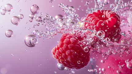 A dynamic splash of raspberry juice surrounded by bubbles against a solid purple backdrop.