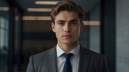 Fototapeta premium a portrait of a handsome businessman, wearing a suit and tie, looking confidently at the camera