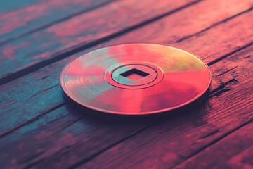 Shiny red CD rests on rustic wood. Perfect for nostalgia, technology, or music themes.