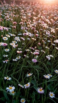 Dew covered grass and blooming daisies against a vibrant sunrise. A sense of fresh beginnings and nature's resilience. Vertical video backgrounds
