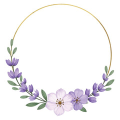 A watercolor illustration of lavender flowers and greenery framing a circular golden border