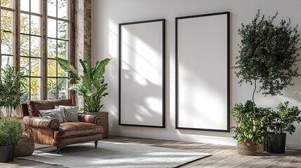 Frame mockups on a white wall in style living room, brown leather armchair, potted plants.  