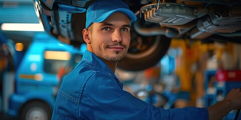 Car mechanic worker wearing a blue uniform 