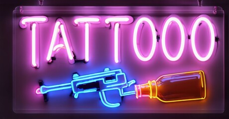 Obraz premium Neon sign tattoo house glowing classic ink bottle detailed gun sharp traditional outline bright colorful realistic photo