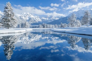 A tranquil winter scene with a clear reflection of snow-covered mountains and trees in the still waters of a lake.