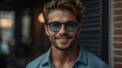 Obraz premium a young man in a blue shirt and sunglasses, standing in front of a brick wall, with a charming smile. The image captures a sense of relaxed confidence and style 