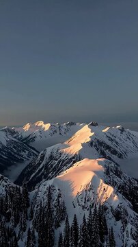 Wide shot of Snow covered mountain peaks glowing under a soft golden sunrise, pine trees blanketed in white and misty valleys. Calm and serene for nature enthusiasts. Vertical video backgrounds
