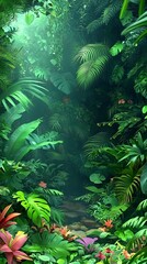 Fototapeta premium Lush Green Tropical Rainforest Path with Sunlight