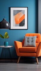 Orange Armchair Teal Wall Abstract Art Modern Living Room Interior