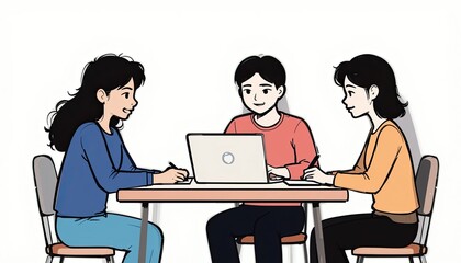 Collaborative study session classroom digital learning neutral background eye level teamwork