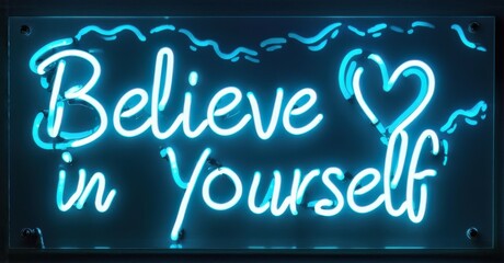 Fototapeta premium Neon sign believe yourself glowing heart floating motivational energy waves uplifting typography bright colorful realistic photo