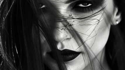 Artistic close-up capture of a woman with dark makeup and flowing hair in a moody black and white style