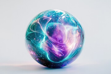 A mesmerizing sphere filled with swirling, vibrant teal and purple energy, resembling a nebula or cosmic phenomenon.