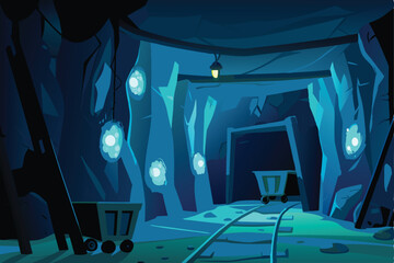 Render a breathtaking image of vast, intricate underground mining caves, showcasing vibrant, glowing ore deposits embedded within the rock formations.