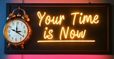 Obraz premium Neon sign your time is now vintage clock silhouette glowing radiant golden streaks timeless motivational feel bright colorful realistic photo