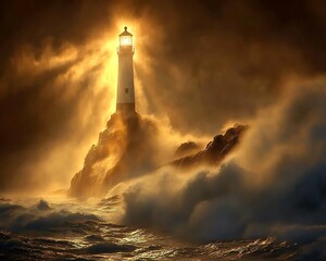 The illuminated lighthouse is lit during a storm at night