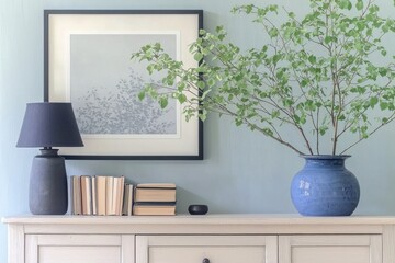 Chic Relaxed Office Background With Decorative Greenery, Modern Lamp, And Framed Art Creating A Calm Atmosphere