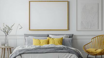 Modern Bedroom Interior With Yellow Pillows Gold Frame Art And Decorative Chair