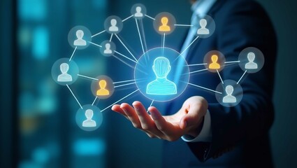 Human resource management technology (HR), Human resource manager touching human resource network structure and checks the CV online to choose the perfect employee for company, Effective