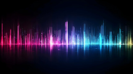Abstract Digital Cityscape Displaying Vibrant Colors and Illuminated Light Wave Patterns in Dark Background