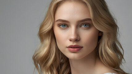 Fototapeta premium a woman with long, flowing blonde hair looks directly at the camera with a serious expression. Her piercing blue eyes and flawless skin create a captivating image.