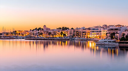 Fototapeta premium Coastal Cityscape at Sunset with Reflections in Tranquil Waters