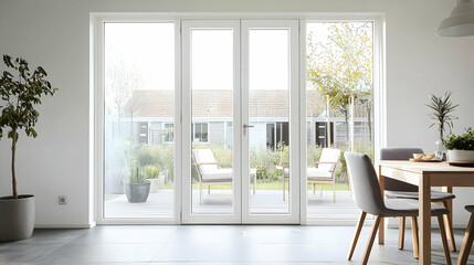 Fototapeta premium Bright Interior With White Walls Large Windows and Wooden Dining Table Setting
