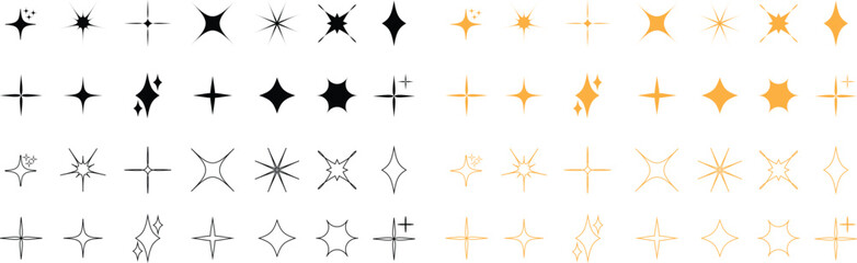 Futuristic sparkle star icons set. Abstract cool shine effect signs flat and outline vectors. Flash symbols. Template for posters, banners, logos, business cards isolated on transparent background.