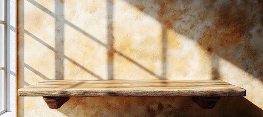 Wooden table mockup on stucco background with window shadow on the wall, beige earthy color tones,

