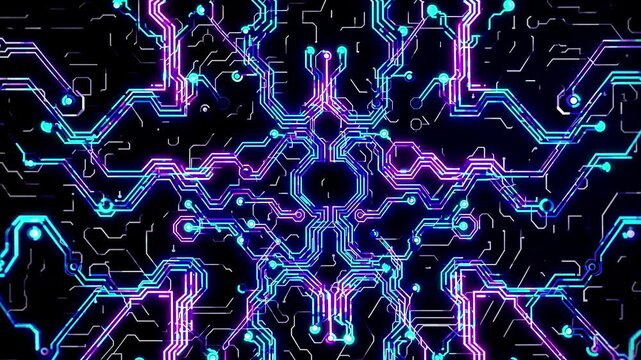 A cyberpunk inspired abstract animation, featuring glowing circuits, deep space hue, and a rhythmic trance vibe.

