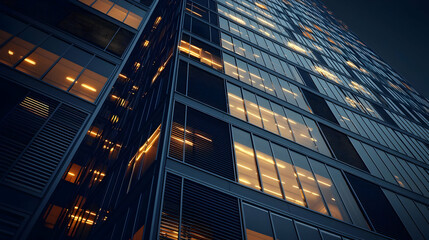 Naklejka premium High Angle View of Modern Blue and Gold Building Facade with Geometric Grid Pattern at Night