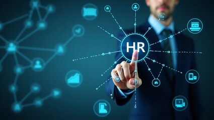 Human resource management technology (HR), Human resource manager touching human resource network structure and checks the CV online to choose the perfect employee for company, Effective