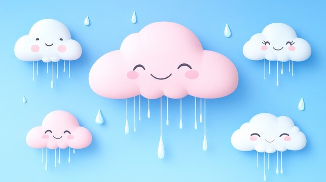 Whimsical Pastel Clouds with Smiling Faces and Raindrops